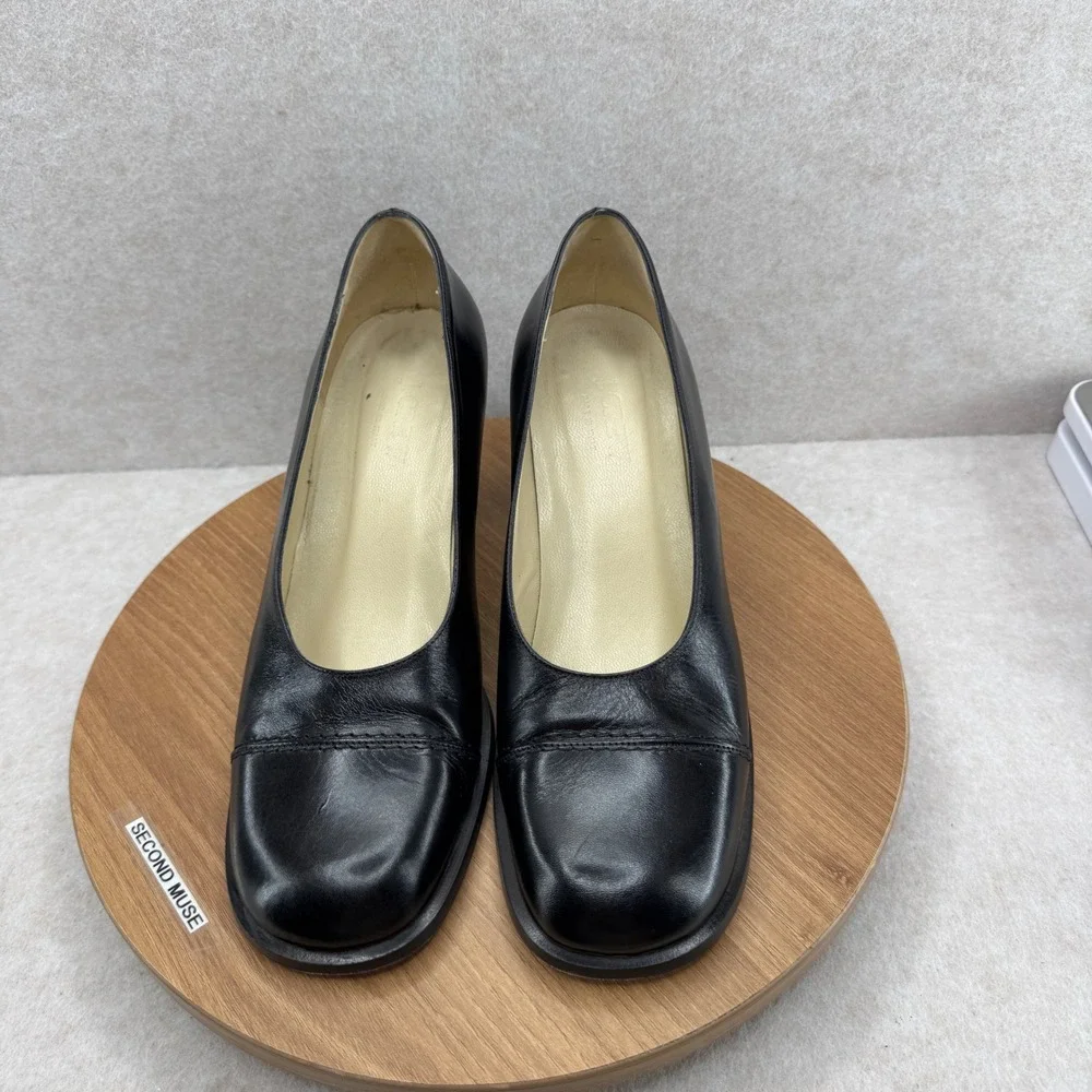 J.Crew Pumps Sz 9 Black Leather‎ Square Toe Block Heel Italy Classic Minimalist